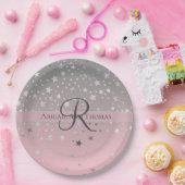 モノグラム名ピンクグレーシルバー結婚スターズ ペーパープレート (パーティー)