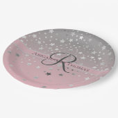 モノグラム名ピンクグレーシルバー結婚スターズ ペーパープレート (アングル)