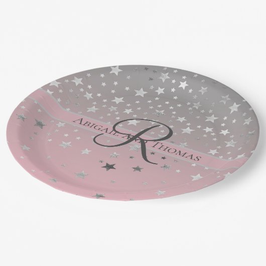 モノグラム名ピンクグレーシルバー結婚スターズ ペーパープレート (アングル)