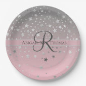 モノグラム名ピンクグレーシルバー結婚スターズ ペーパープレート (正面)