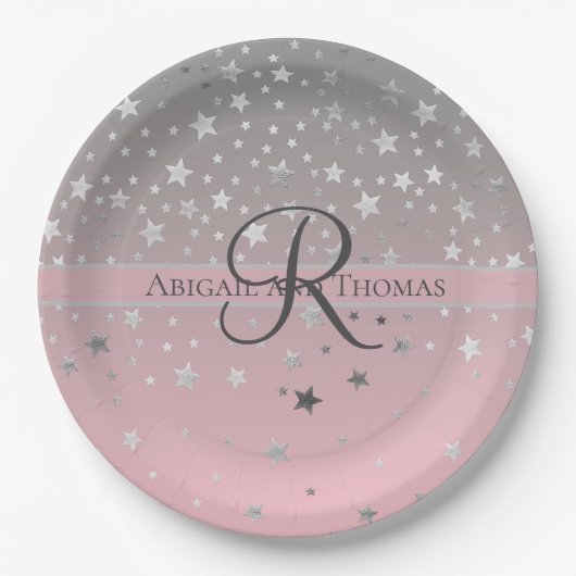 モノグラム名ピンクグレーシルバー結婚スターズ ペーパープレート (正面)