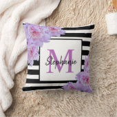 モノグラム名ピンクフラワーブラックストライプ紫色 クッション (ブランケット)