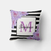 モノグラム名ピンクフラワーブラックストライプ紫色 クッション (裏面)