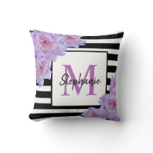 モノグラム名ピンクフラワーブラックストライプ紫色