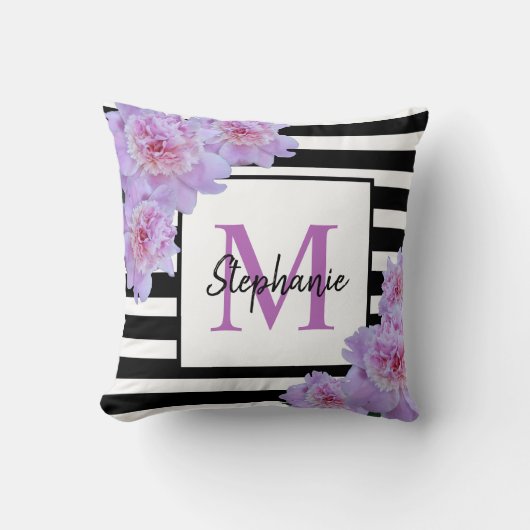 モノグラム名ピンクフラワーブラックストライプ紫色 クッション (正面)