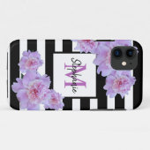モノグラム名ピンクフラワーブラックストライプ紫色 Case-Mate iPhoneケース (裏面(横))