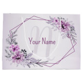 モノグラム名ピンクフローラ紫色フレーム ラージペーパーバッグ (裏面)