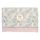 モノグラム名フラワーズピンクグリーンホームデコール 枕カバー (正面)