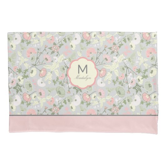 モノグラム名フラワーズピンクグリーンホームデコール 枕カバー (正面)
