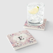 モノグラム名フローラハートロマンチックな水色 ストーンコースター (横)