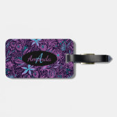 モノグラム名フローラピンクパープルティール（緑がかった色）ブラックモダン ラゲッジタグ (裏面横)