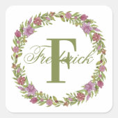 モノグラム名フローラリースグリーンパープルピンク スクエアシール (正面)