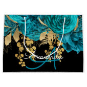 モノグラム名ブライダルお気に入結婚りのティール（緑がかった色）バラ金ゴールド ラージペーパーバッグ (正面)