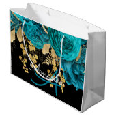 モノグラム名ブライダルお気に入結婚りのティール（緑がかった色）バラ金ゴールド ラージペーパーバッグ (裏面アングル)