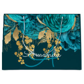 モノグラム名ブライダル結婚式の引き出物ティール（緑がかった色）金ゴールドバラ ラージペーパーバッグ (正面)