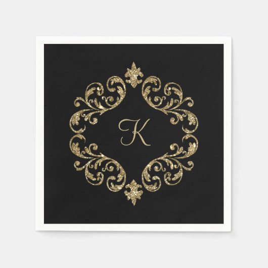 モノグラム名ブラック結婚金ゴールドのフォーマルパーティー スタンダードカクテルナプキン (正面)