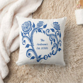 モノグラム名ブルー蝶フラワーラブハート クッション (ブランケット)