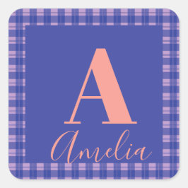 モノグラム名プレイドパープルピンク誕生日ギフトラベル スクエアシール