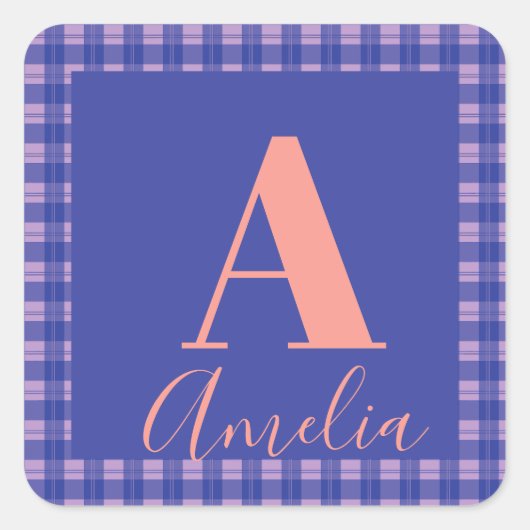 モノグラム名プレイドパープルピンク誕生日ギフトラベル スクエアシール (正面)