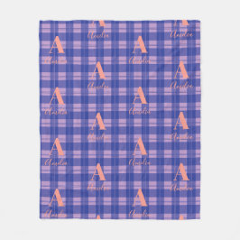 モノグラム名プレイドパープルピンク フリースブランケット