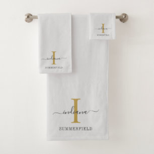 モノグラム名ミニマル金ゴールドグレーのスクリプト バスタオルセット