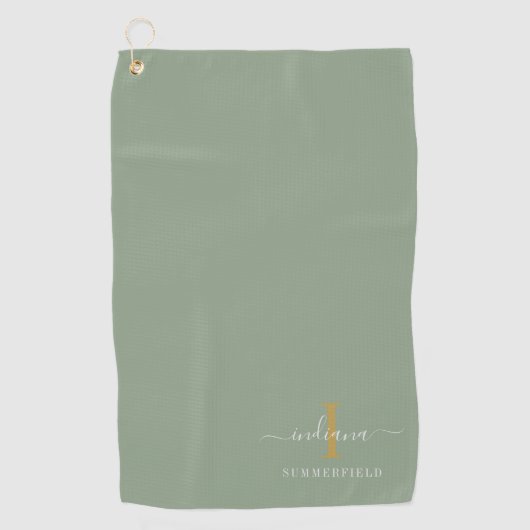 モノグラム名ミニマル金ゴールドホワイトスクリプト ゴルフタオル (正面)