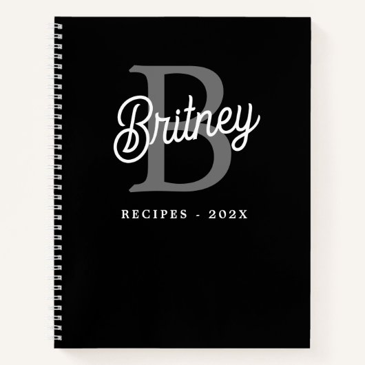 モノグラム名モダンブラックグレースクリプトレシピ ノートブック (正面)