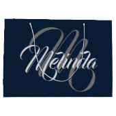 モノグラム名モダン単ブライダルグレーネイビー ラージペーパーバッグ (裏面)