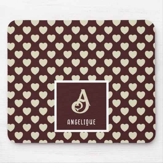 モノグラム名レッド&ライトグリーンハートパターン マウスパッド (正面)