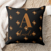 モノグラム名レトロフラワーブラックブラウン クッション (ブランケット)