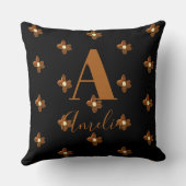 モノグラム名レトロフラワーブラックブラウン クッション (裏面)