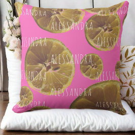 モノグラム名レモン薄切りホットピンクガーリーイエロー クッション