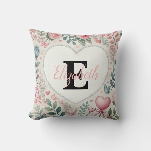 モノグラム名ヴィンテージハートフローラ水色 クッション (正面)