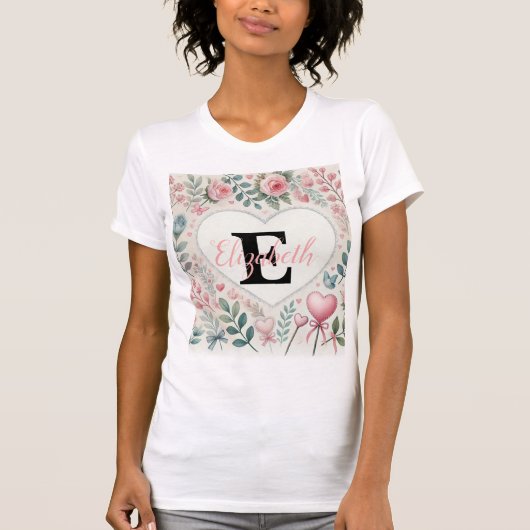 モノグラム名ヴィンテージハートフローラ水色 Tシャツ (正面)