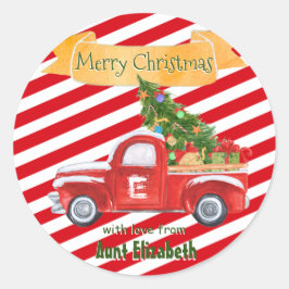 モノグラム名ヴィンテージレッドトラックホリデークリスマス ラウンドシール