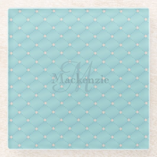 モノグラム名前をカスタムするキルトデザインターコイズティール（緑がかった色） ガラスコースター (正面)