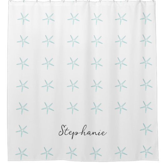 モノグラム名前をカスタムするティール(緑がかった色)ブルーホワイトヒトデかわいい シャワーカーテン (正面)