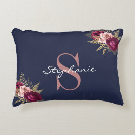 モノグラム名前をカスタムするピンク金ゴールドブルゴーニュフローラ アクセントクッション