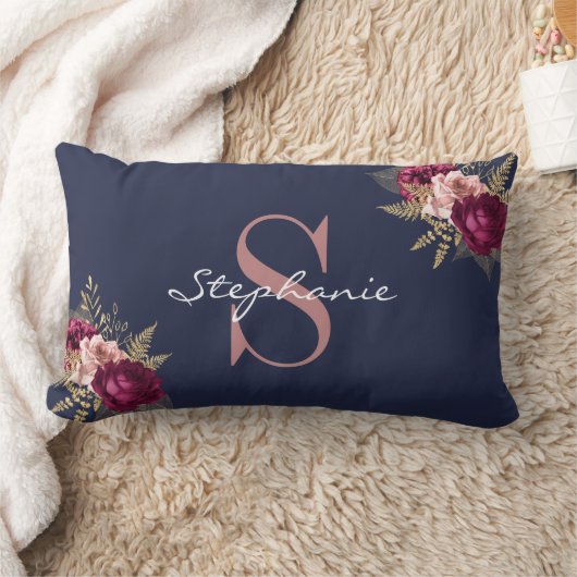 モノグラム名前をカスタムするピンク金ゴールドブルゴーニュフローラ ランバークッション (ブランケット)