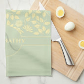モノグラム名前をカスタムする葉デイジーパステルグリーン キッチンタオル (四つ折り)