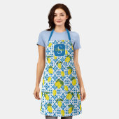 モノグラム名前 青 フレンチ タイル レモン パターン エプロン (着用した状態)
