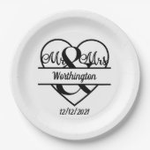 モノグラム名日付結婚ハート ペーパープレート (正面)