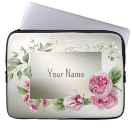 モノグラム名水彩ピンクフローラ枠ブロンズ ラップトップスリーブ