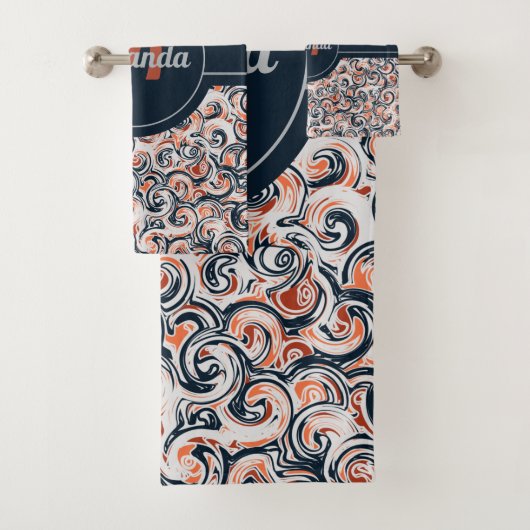 モノグラム名白黒オレンジ抽象芸術パターン バスタオルセット (インサイチュ)