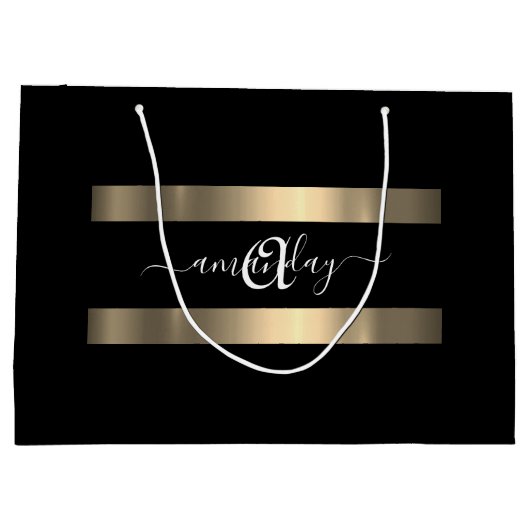 モノグラム名白黒金ゴールド結婚誕生日 ラージペーパーバッグ (裏面)