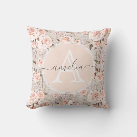 モノグラム名素朴ウッド&ヴィンテージバラロマンチック クッション (正面)