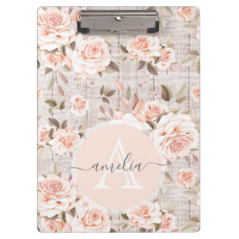 モノグラム名素朴ウッド&ヴィンテージバラロマンチック クリップボード