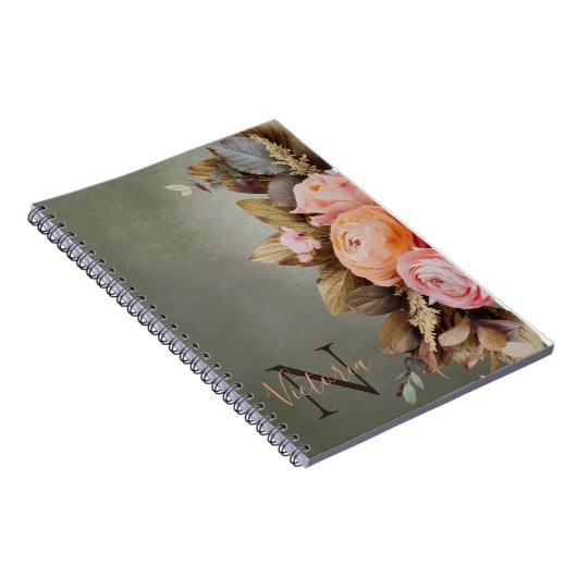 モノグラム名素朴ピンクフローラフォレージヴィンテージ ノートブック (右側)