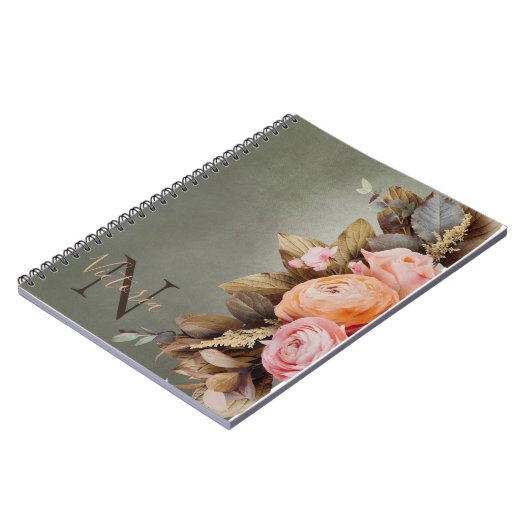 モノグラム名素朴ピンクフローラフォレージヴィンテージ ノートブック (左側)