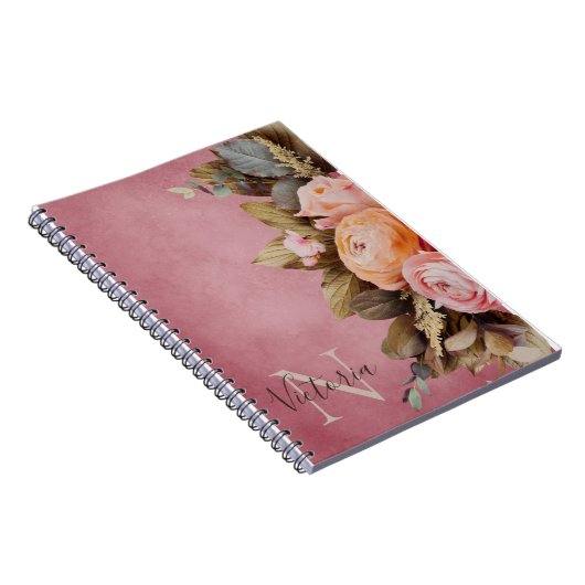モノグラム名素朴ピンクフローラフォレージヴィンテージ ノートブック (右側)